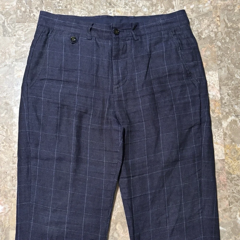 Murano Baird McNutt 100% Linen Pants Mens 30x30 Slim Fit Blue Windowpane Beach